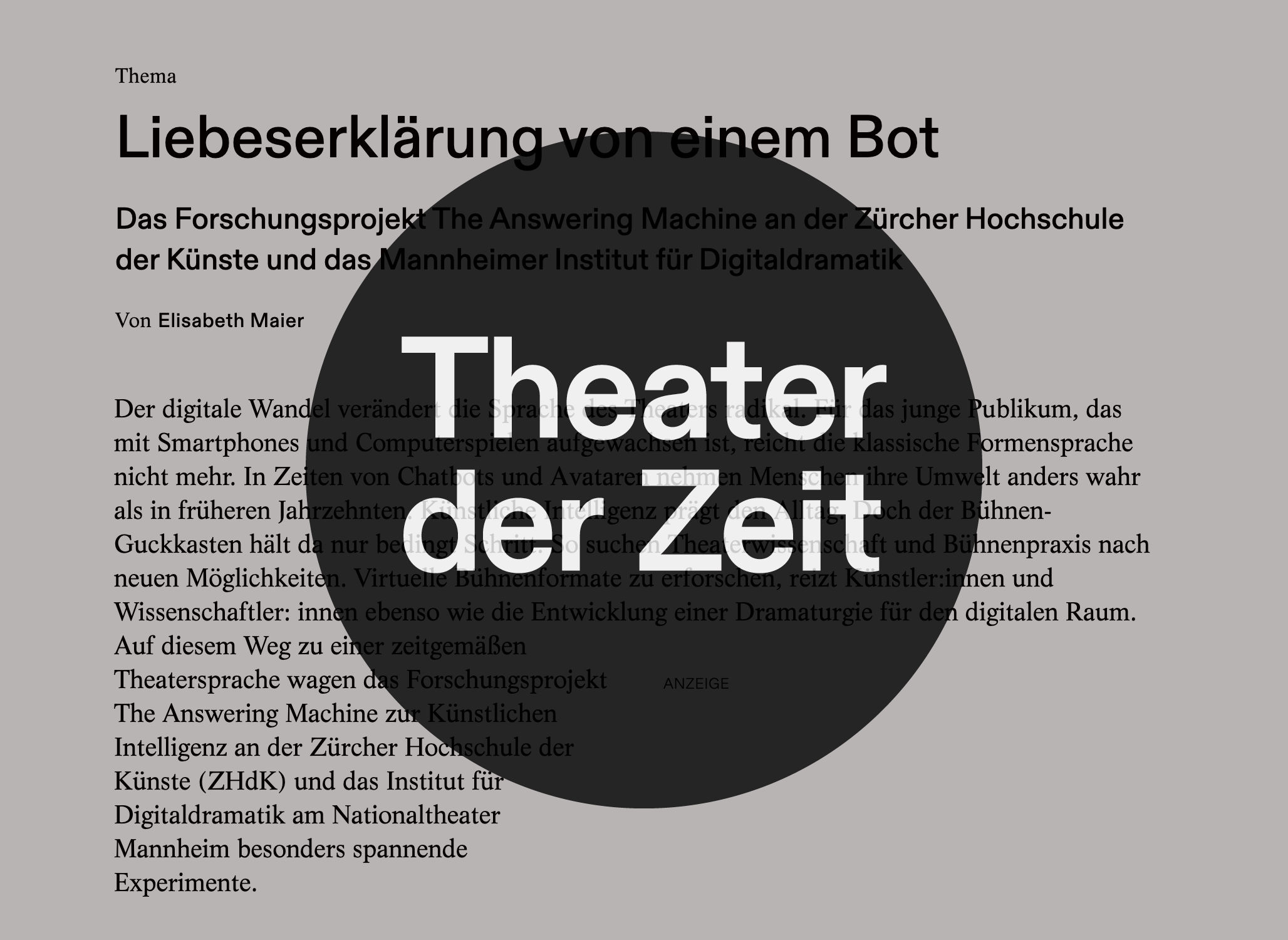 “Liebeserklärung von einem Bot” Artikel von Elisabeth Maier in “Theater der Zeit”